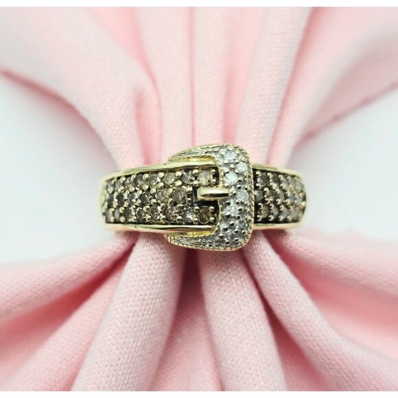 Beautiful 10K Karat Solid Yellow Gold Designer Diamond Belt Ring - Size 7